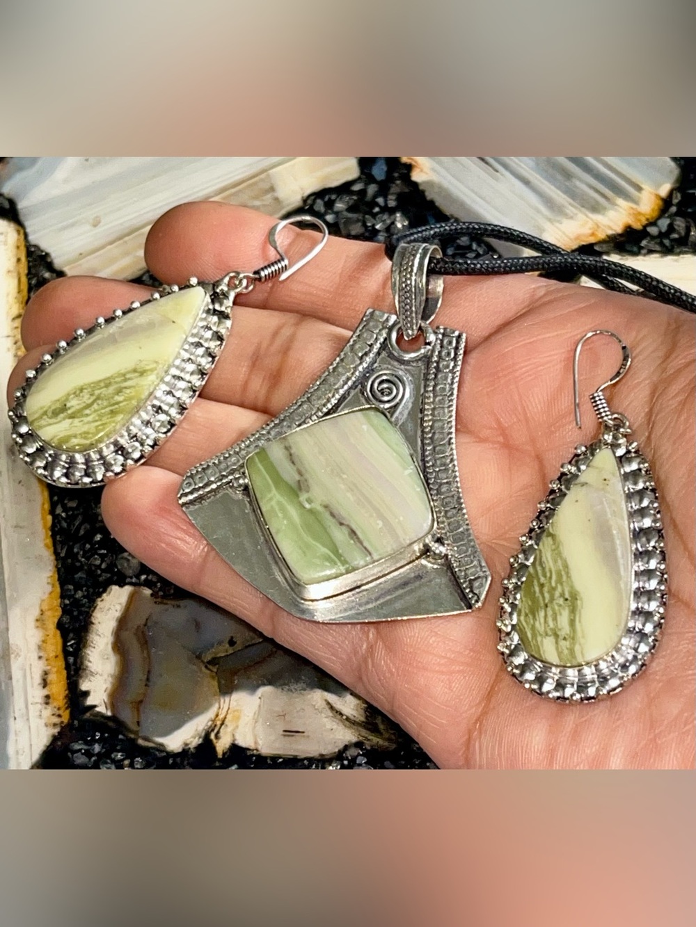 Green Larsonite Pendant & Earrings Set